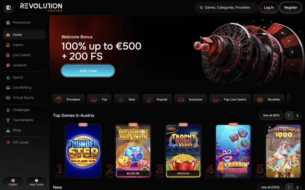 Revolution Casino: Homepage