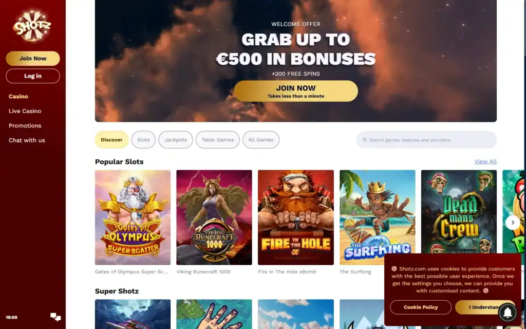 Shotz Casino: Homepage
