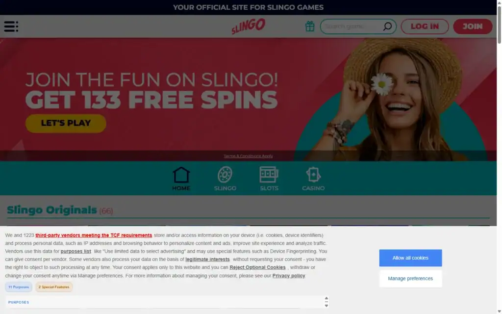Slingo Casino: Homepage