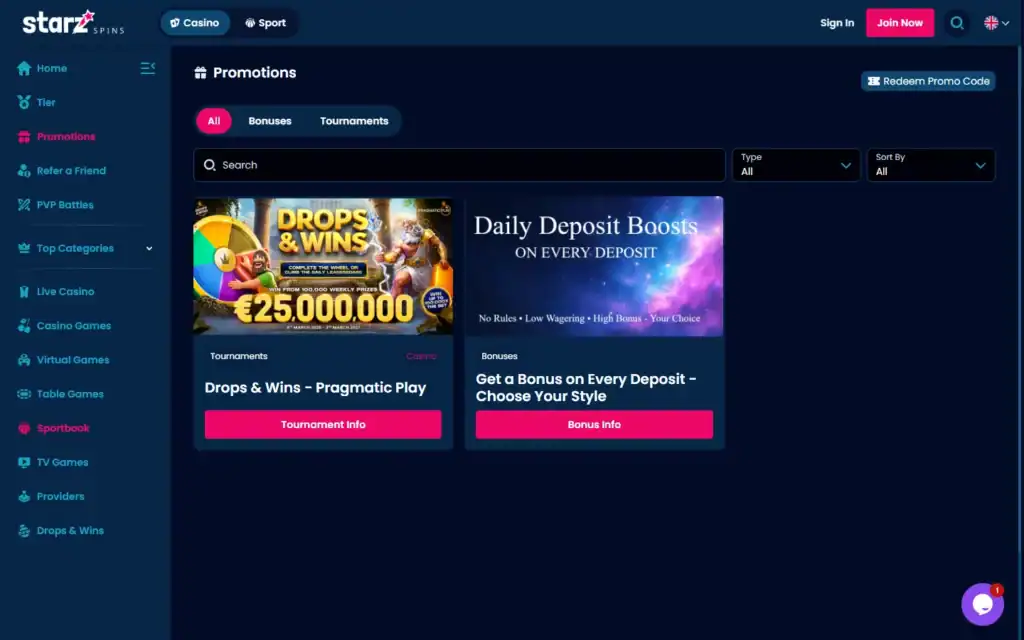 Starz Spins Casino: Bonus