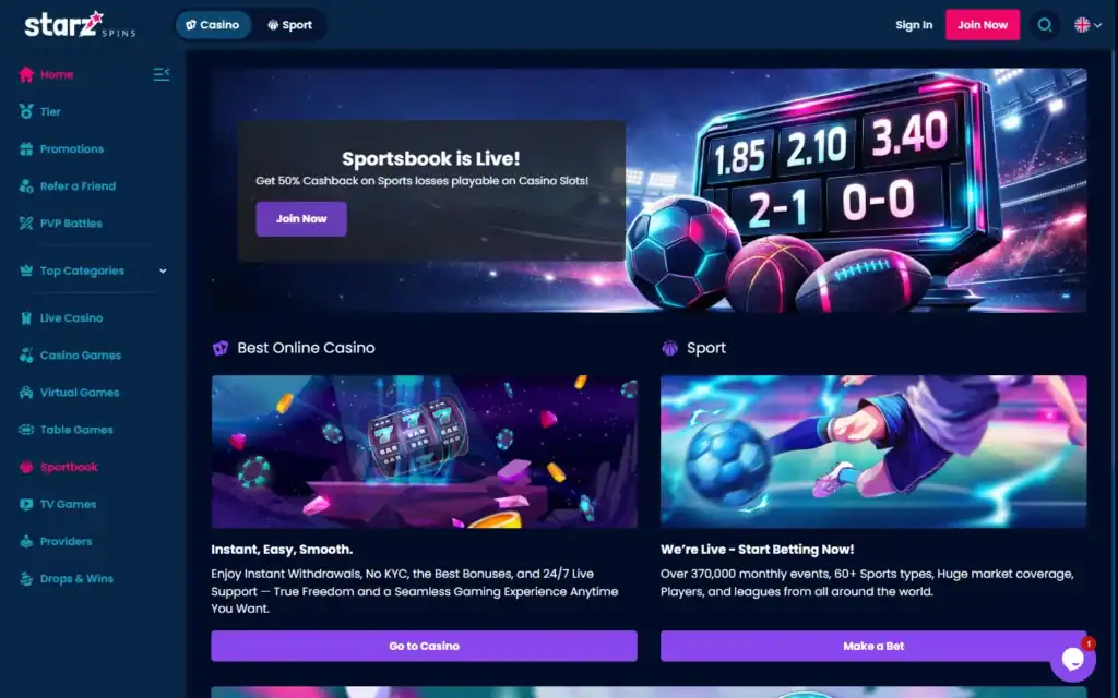 Starz Spins Casino: Homepage