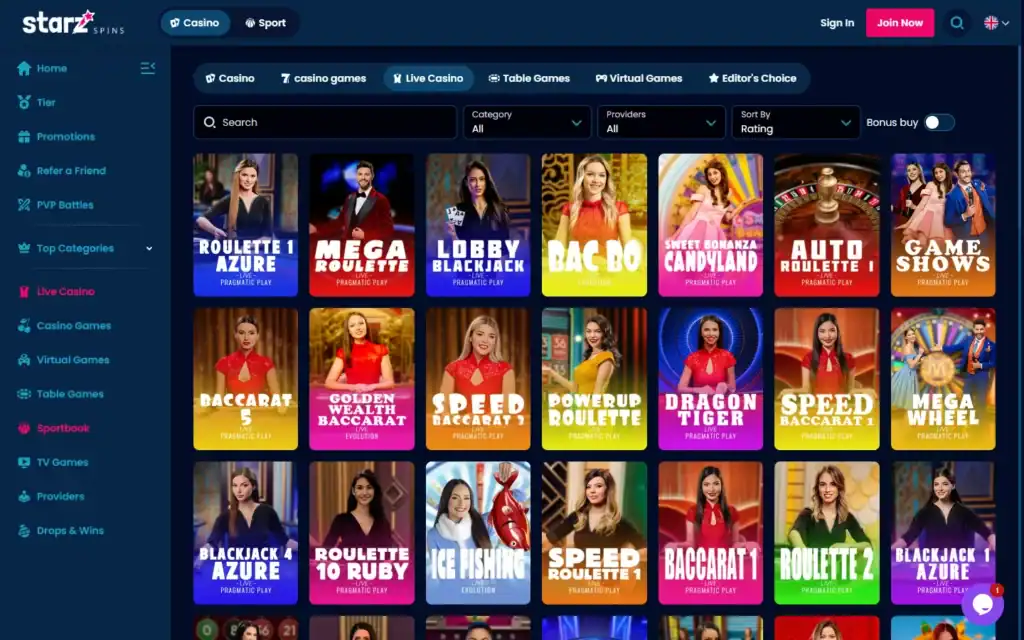 Starz Spins Casino: Live Casino