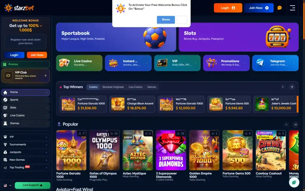 Starzbet Casino: Homepage