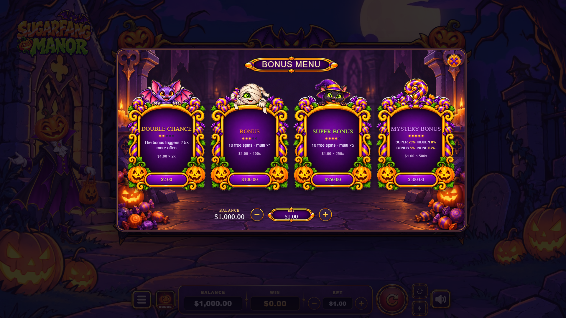 Sugarfang Manor bonus buy menu