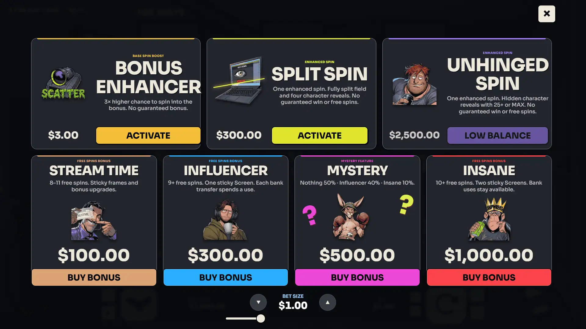 Stream Time bonus buy menu