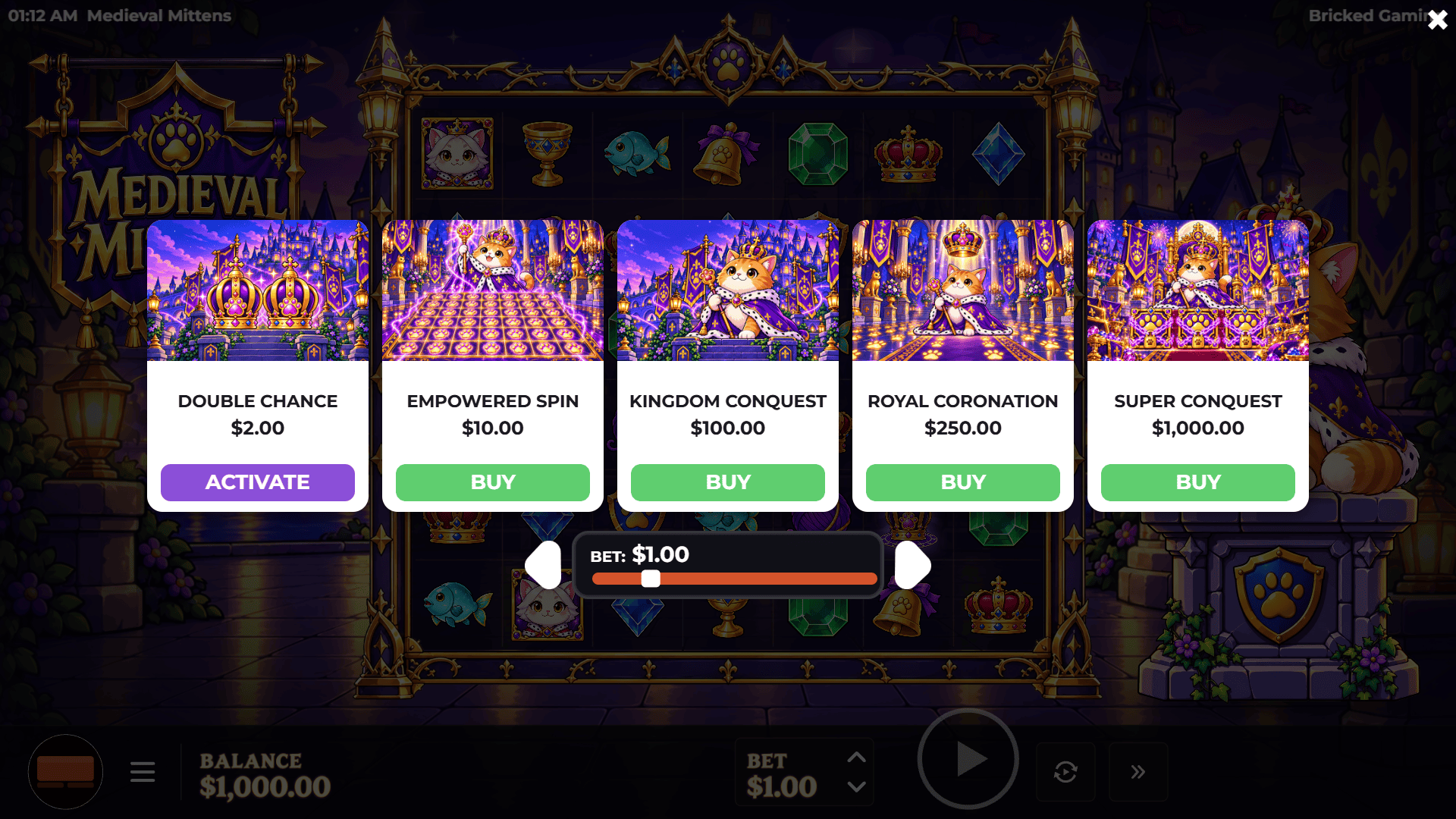 Medieval Mittens bonus buy menu