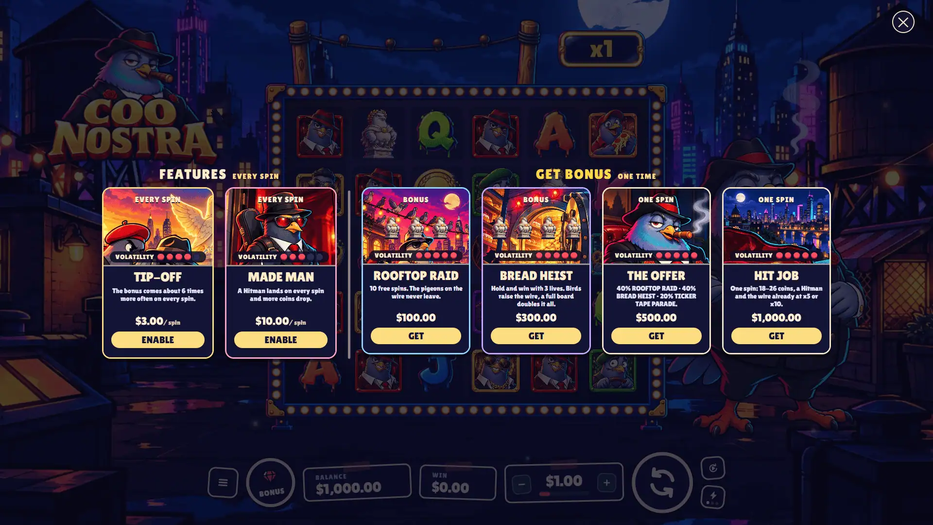 Coo Nostra bonus buy menu