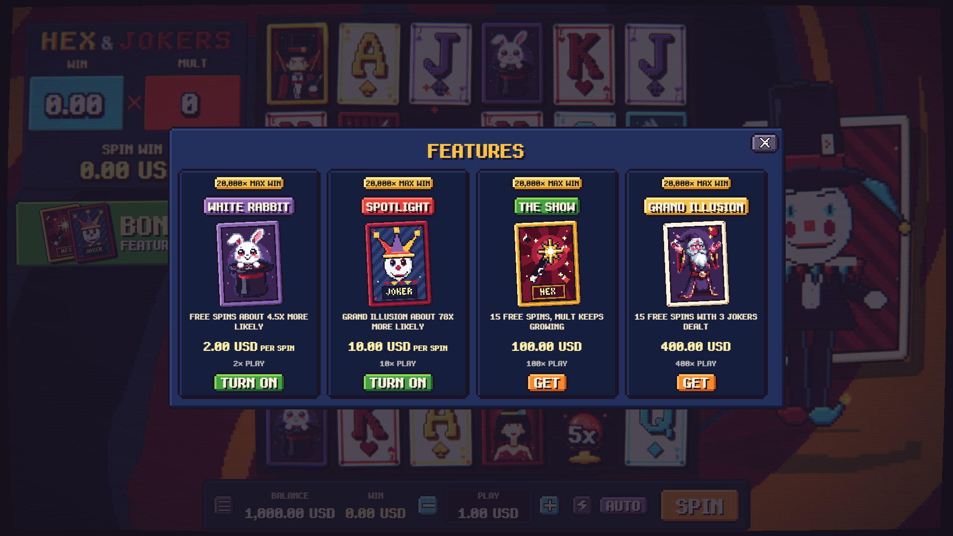 Hex & Jokers bonus buy menu
