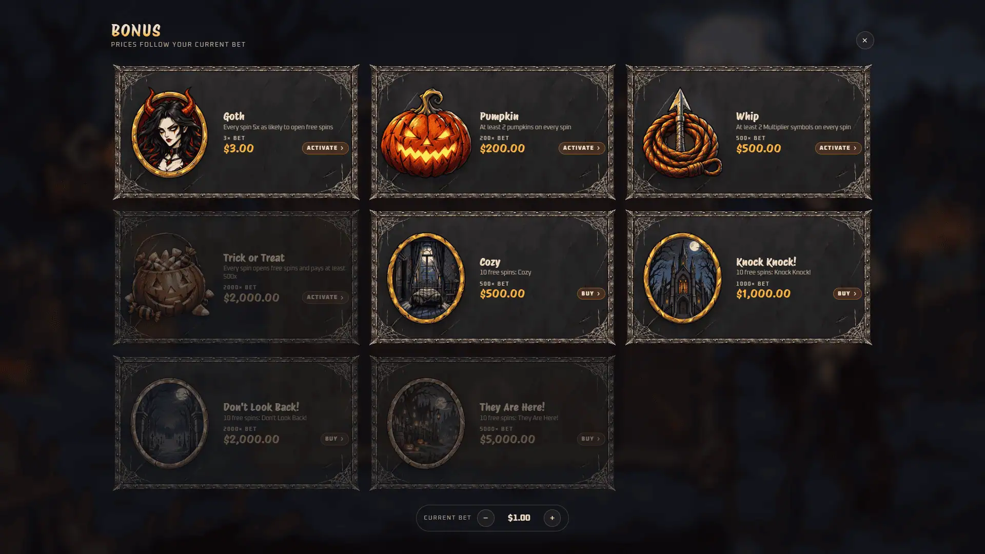 Goth Halloween bonus buy menu