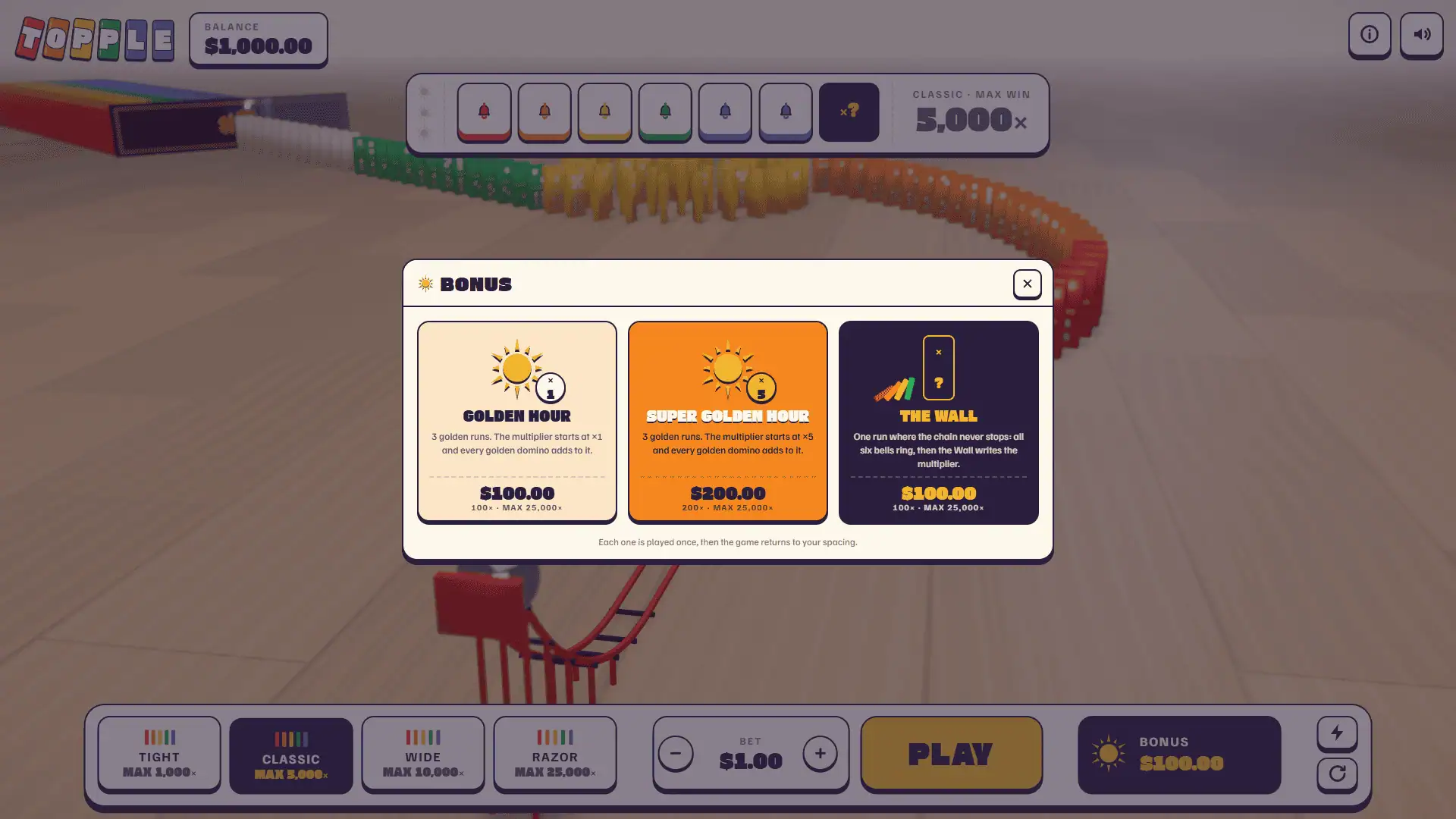 Topple bonus buy menu