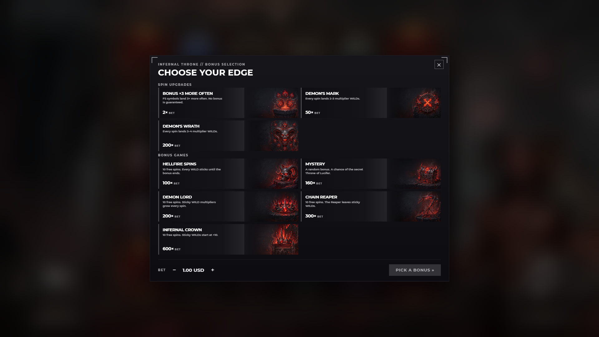 Infernal Throne bonus buy menu