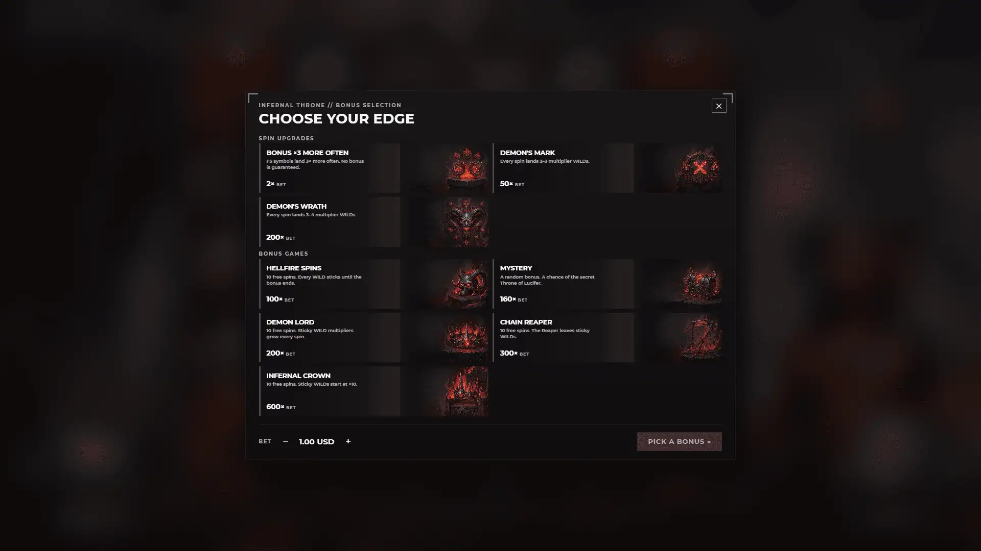 Infernal Throne bonus buy menu