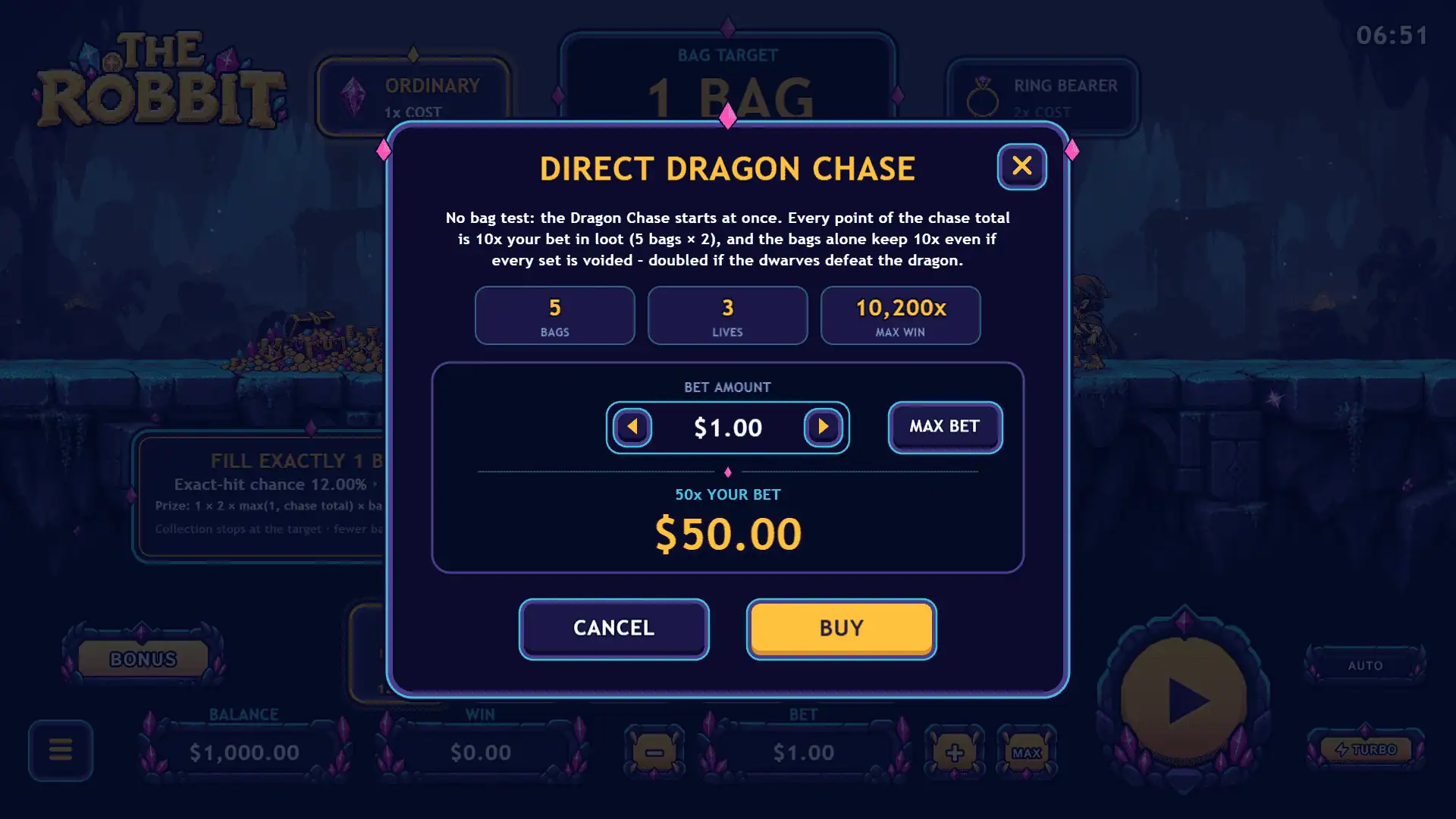 The Robbit bonus buy menu