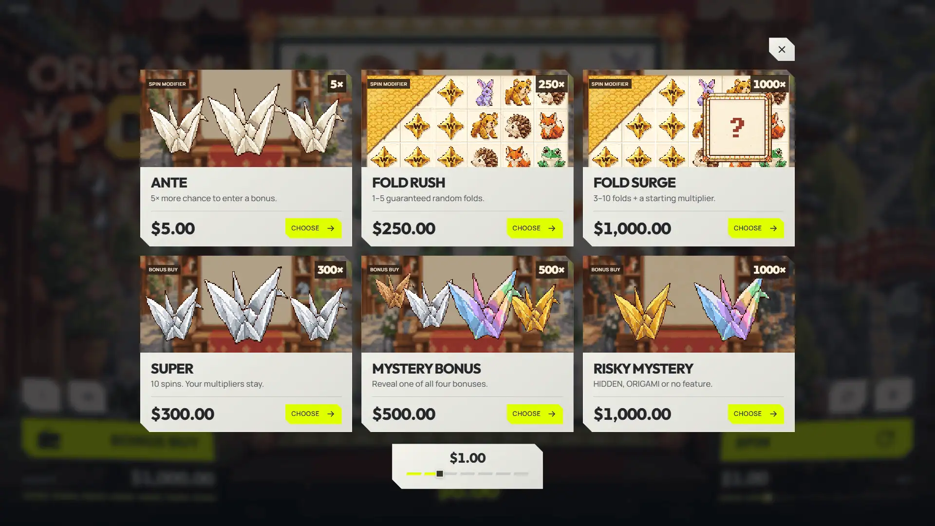 Origami Pop bonus buy menu