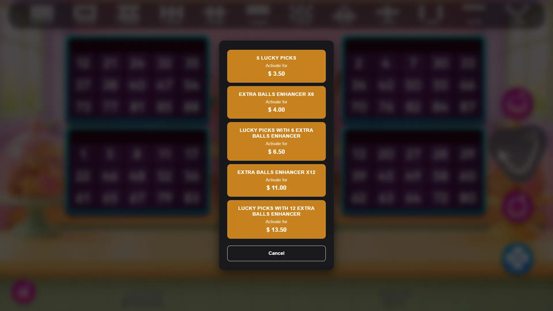 Sweet Bingo bonus buy menu