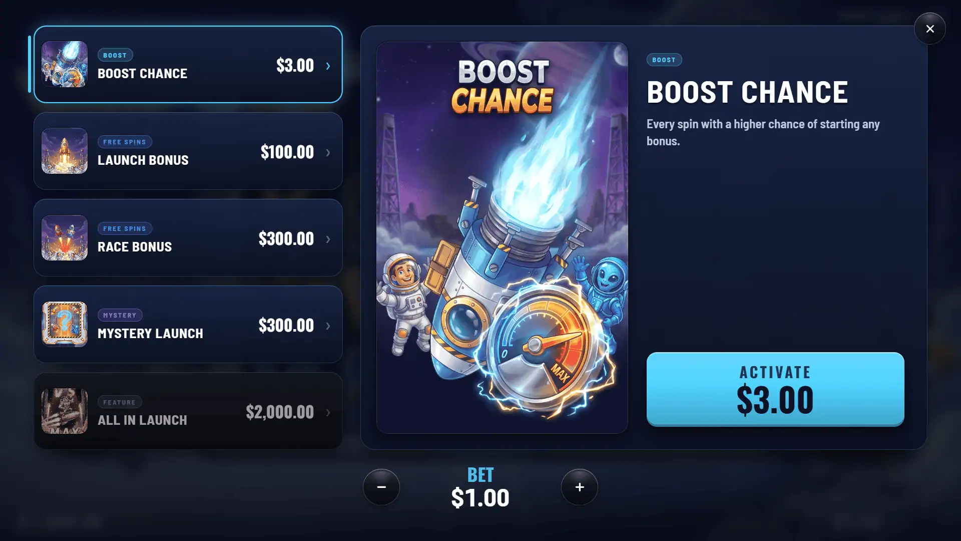 Rocket Rivals bonus buy menu