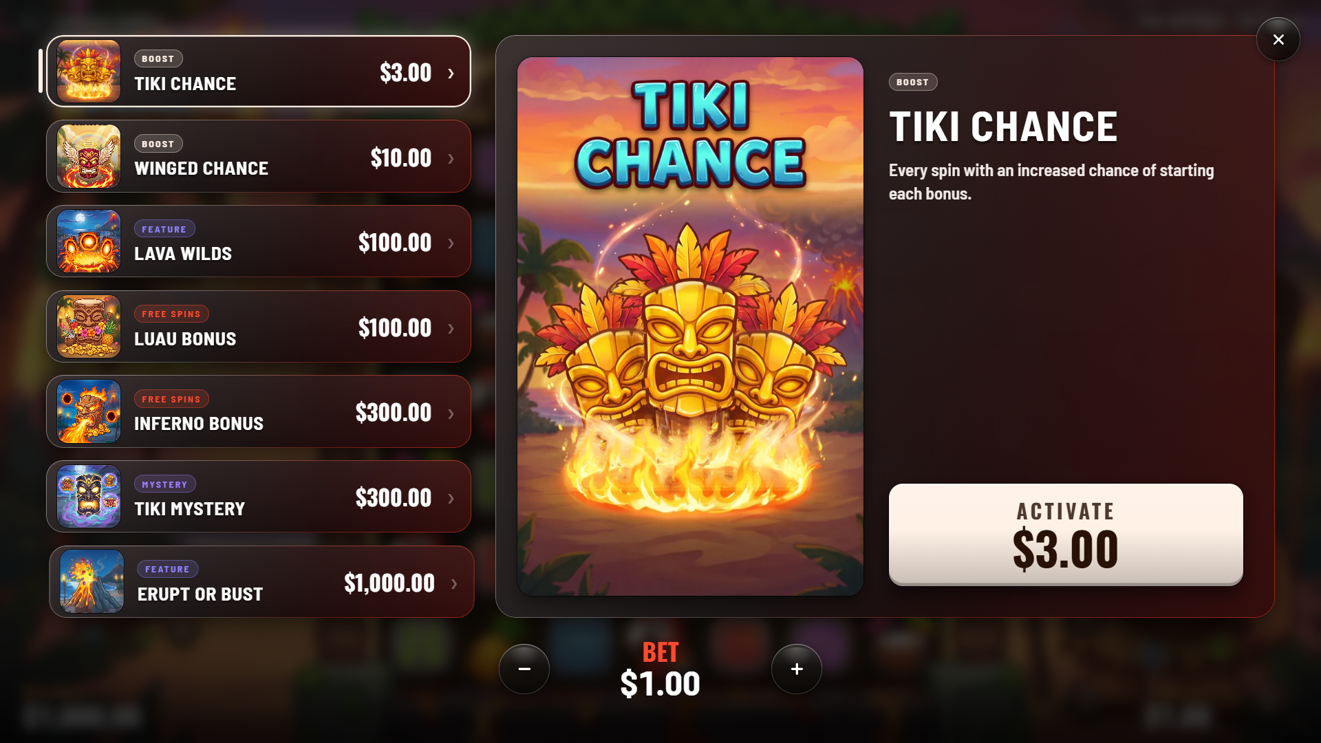Tiki Inferno bonus buy menu