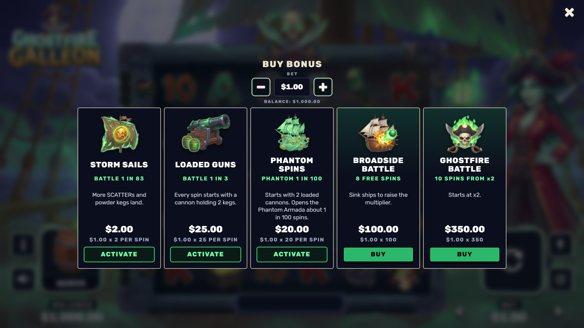 Ghostfire Galleon bonus buy menu