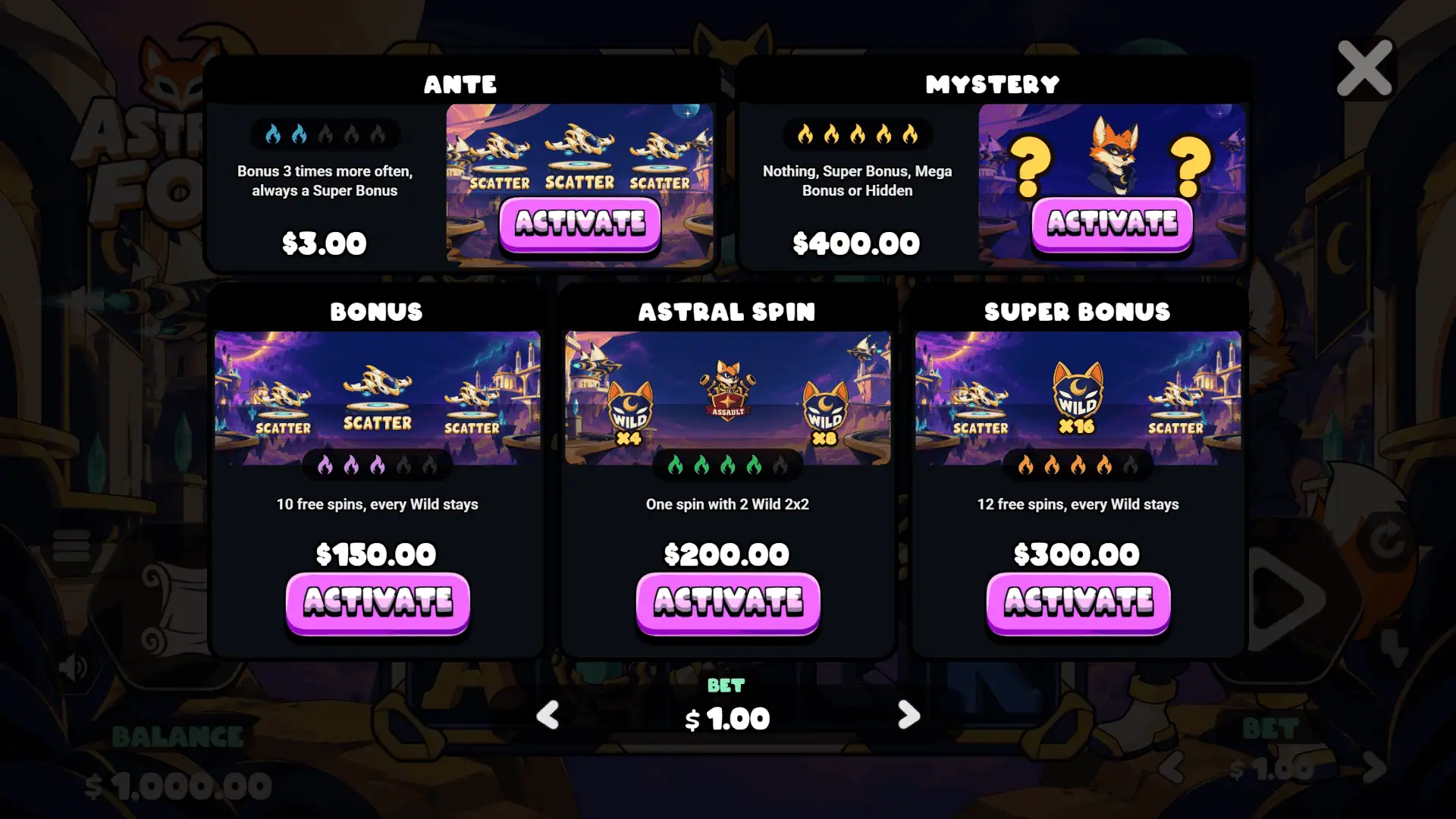 Astral Fox bonus buy menu