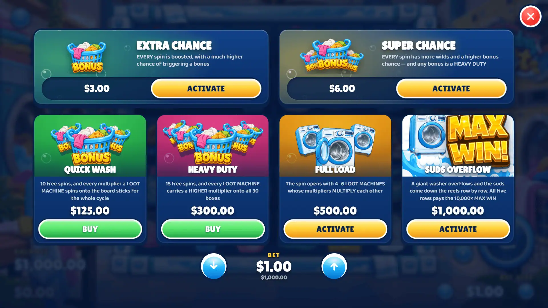 Laundry Loot Cluster Pays bonus buy menu