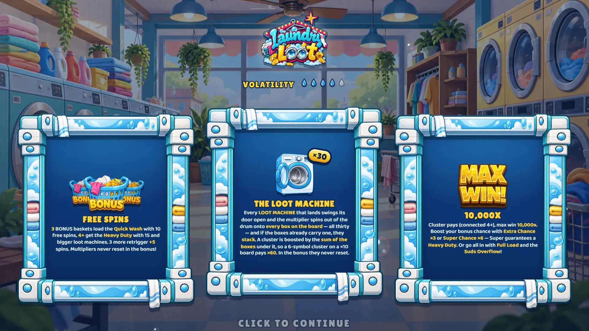 Laundry Loot Cluster Pays slot intro screen