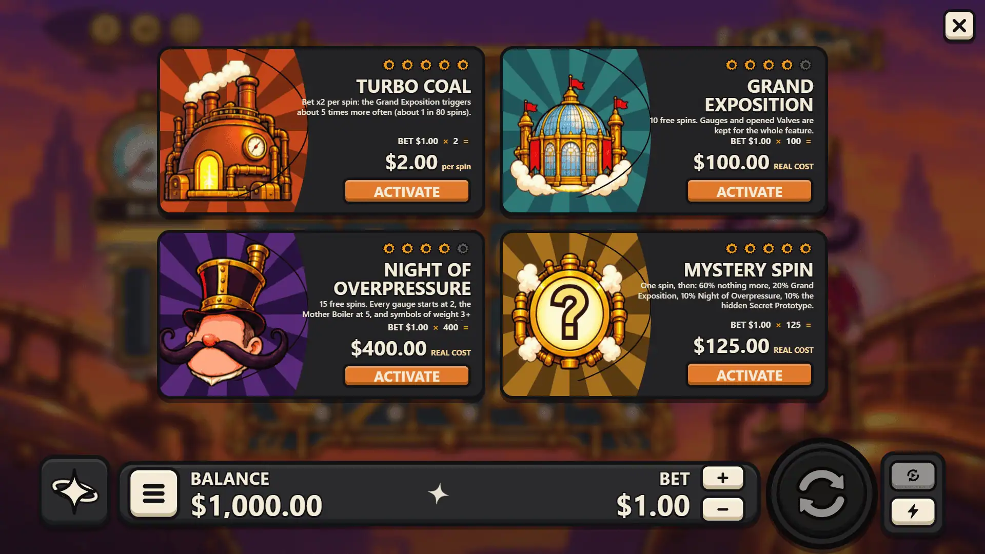 Piston bonus buy menu
