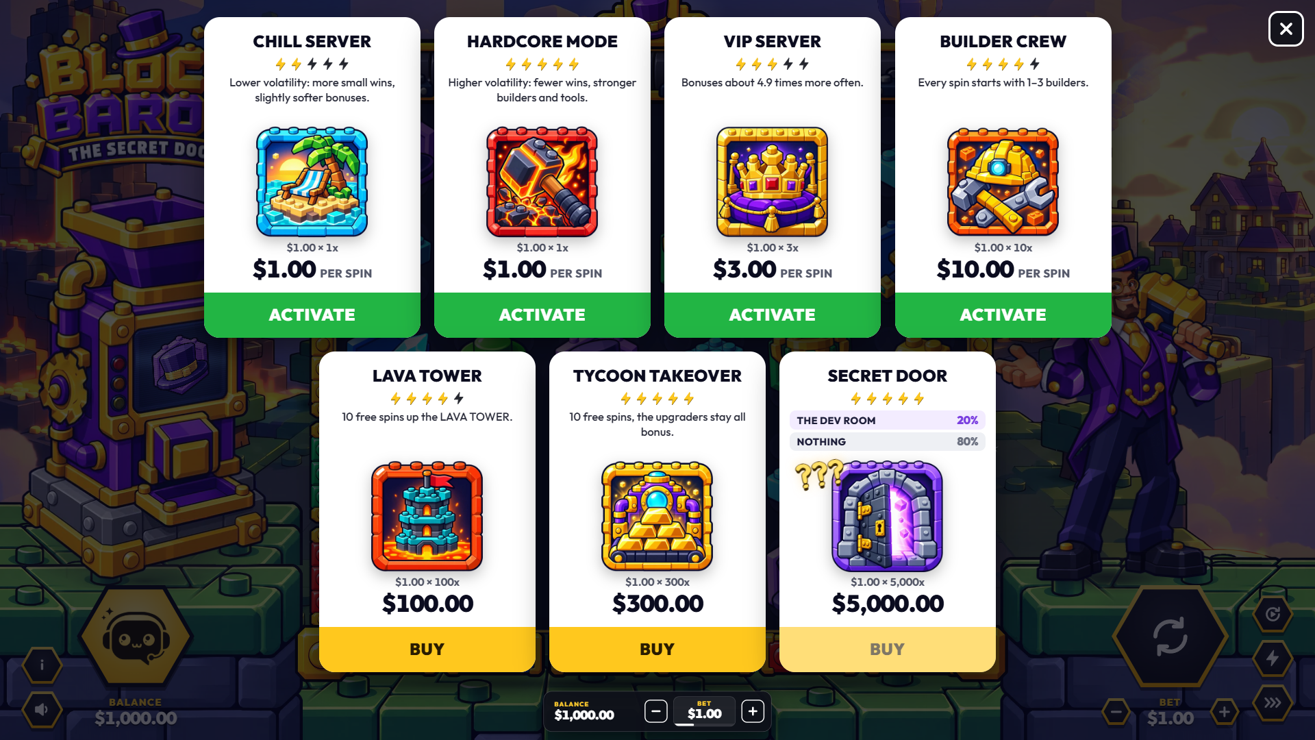 Block Baron bonus buy menu