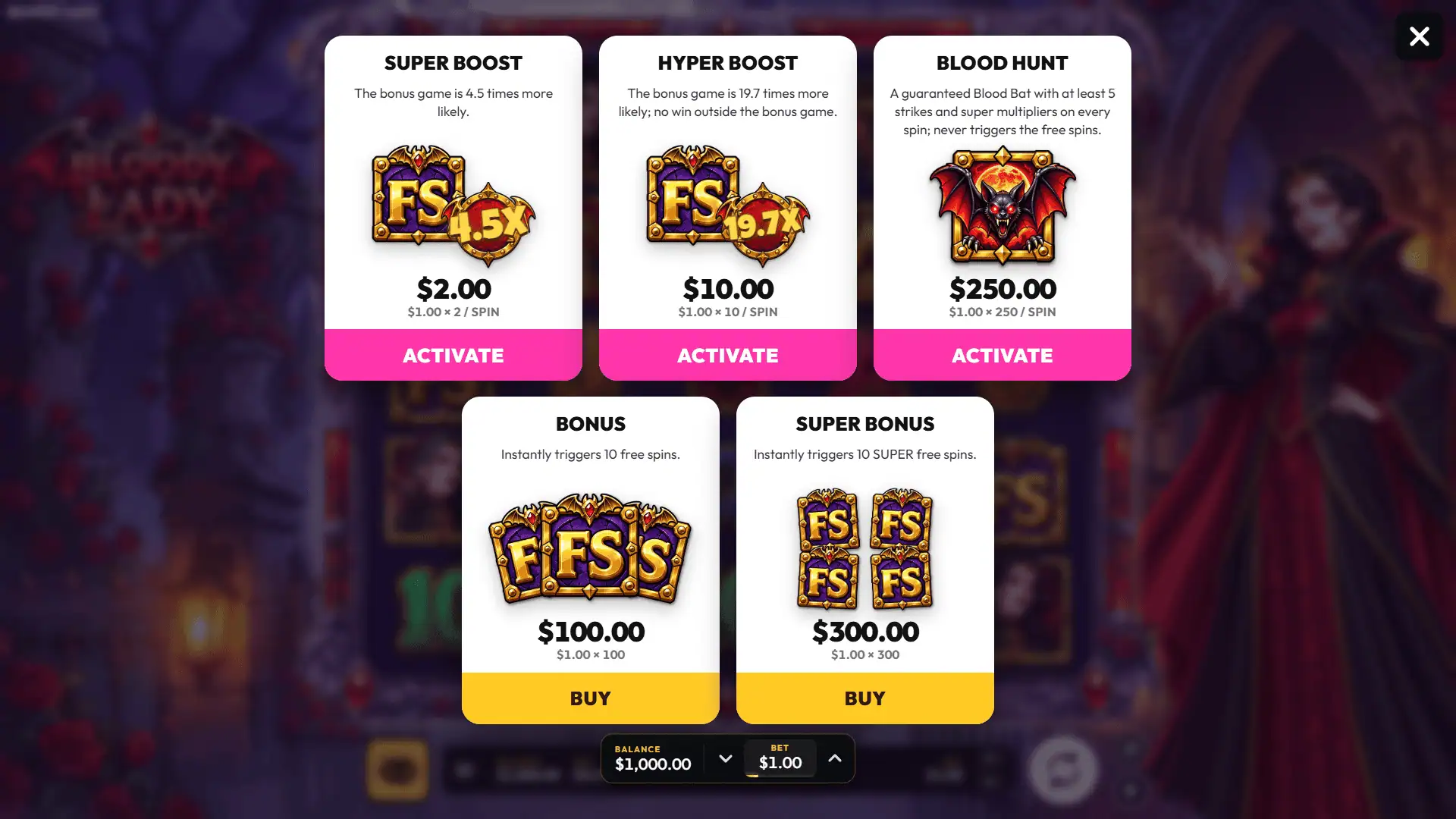 Bloody Lady bonus buy menu