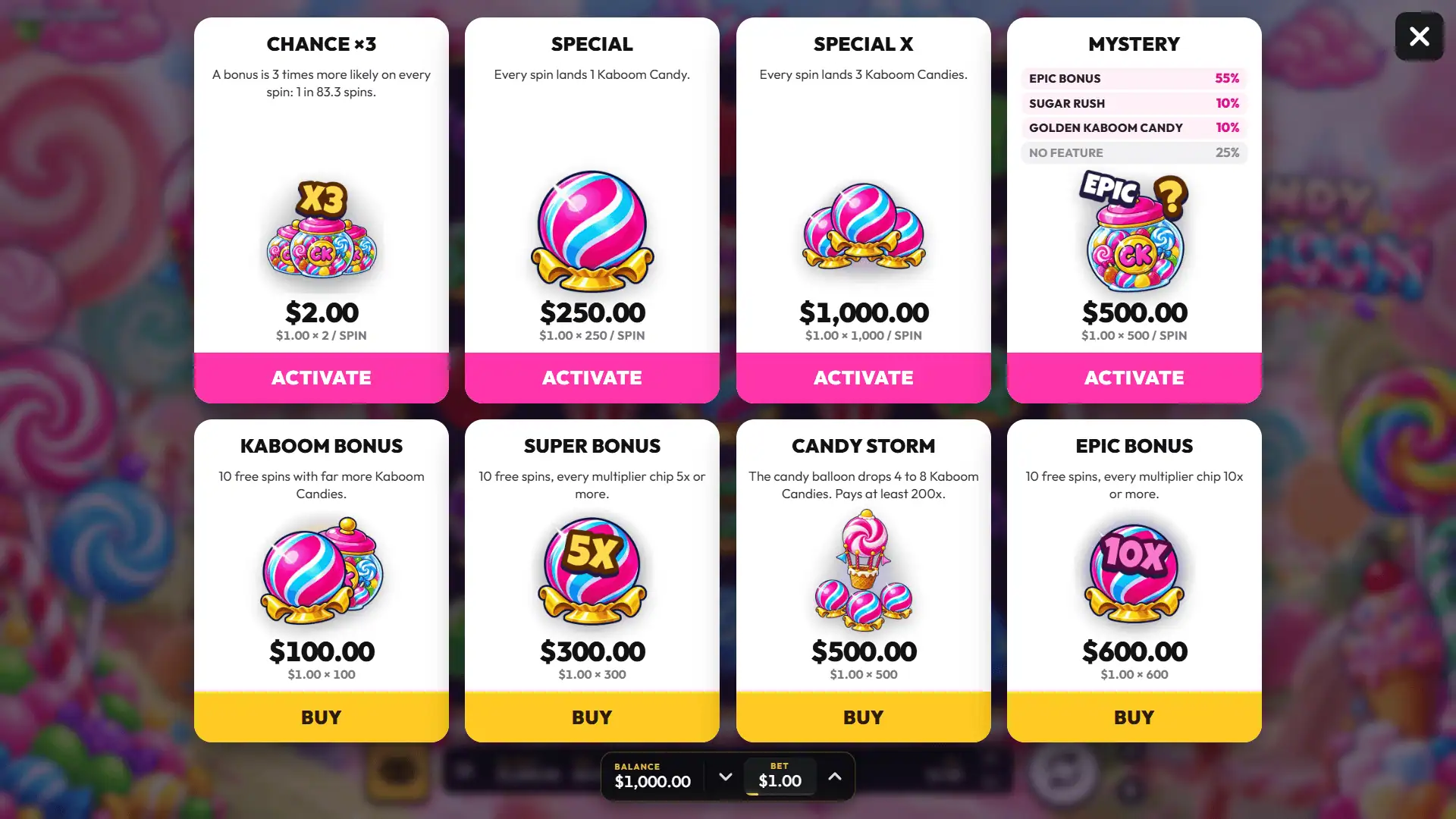 Candy Kaboom bonus buy menu