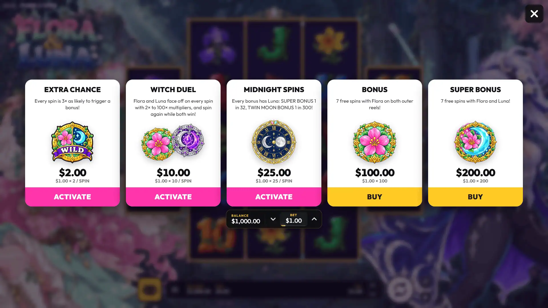 Flora and Luna bonus buy menu
