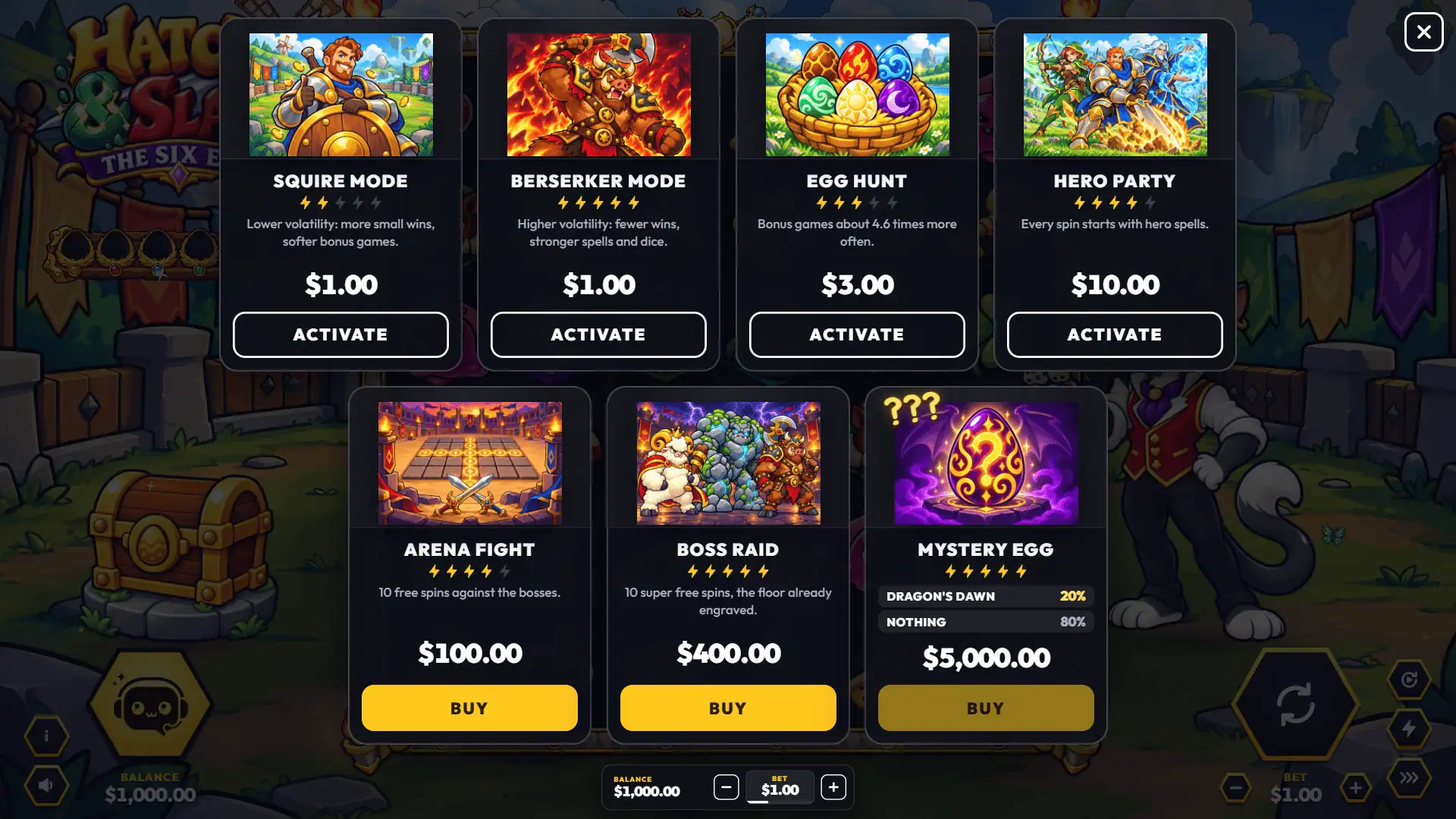 Hatch & Slash bonus buy menu