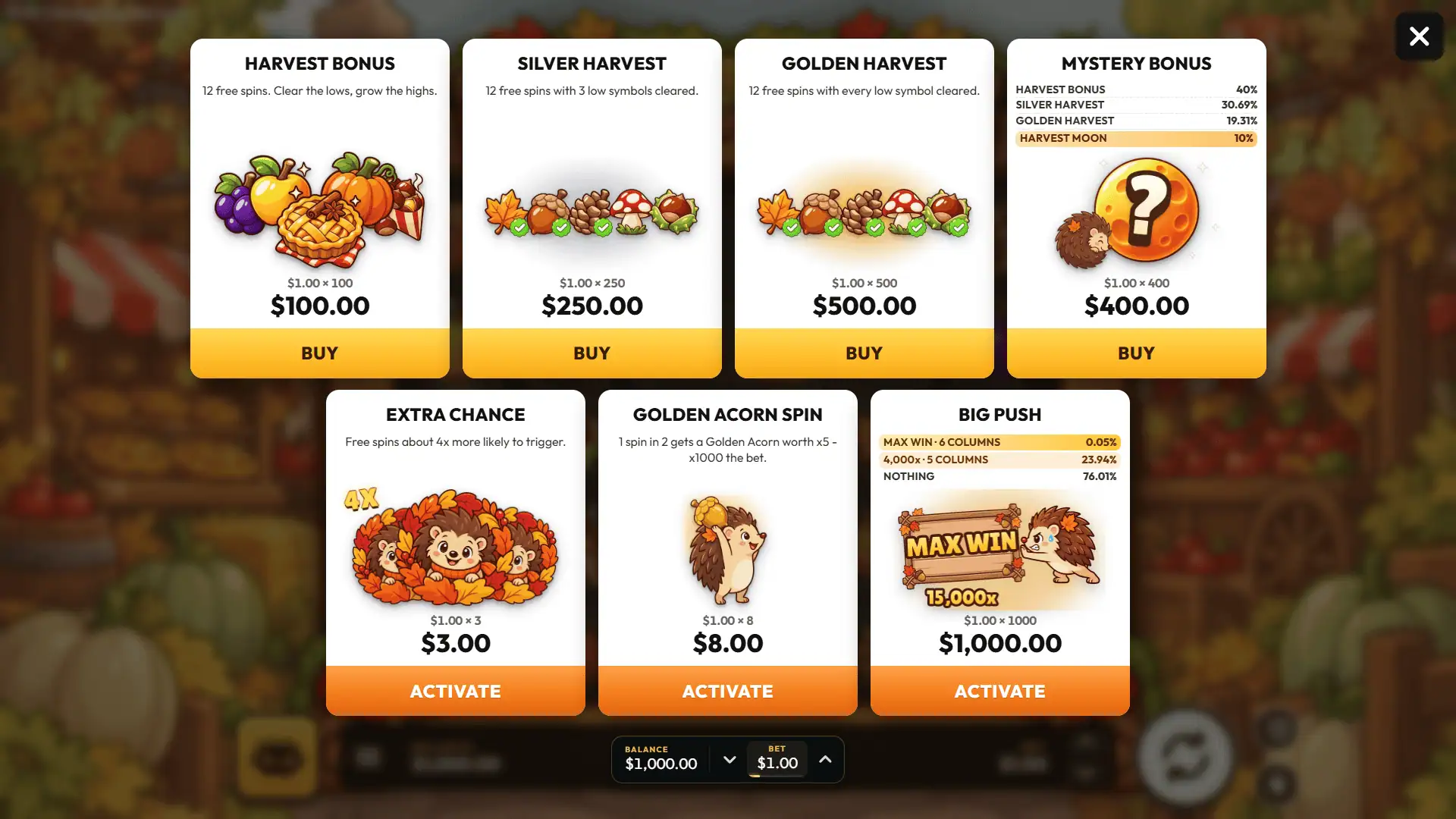 Hedgehog Harvest bonus buy menu