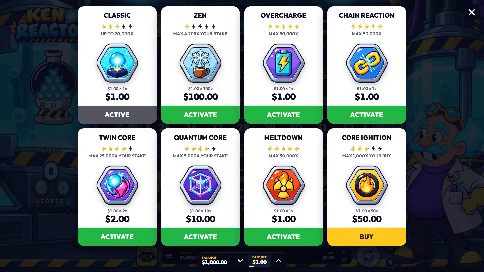 Keno Reactor bonus buy menu