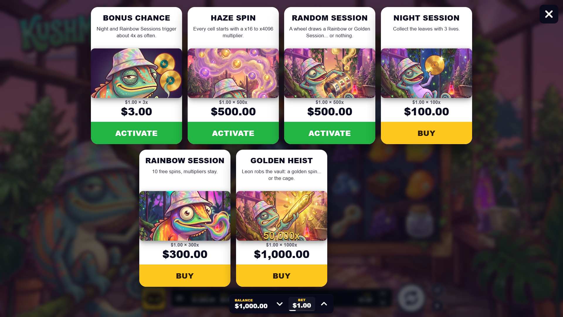 Kushmeleon bonus buy menu