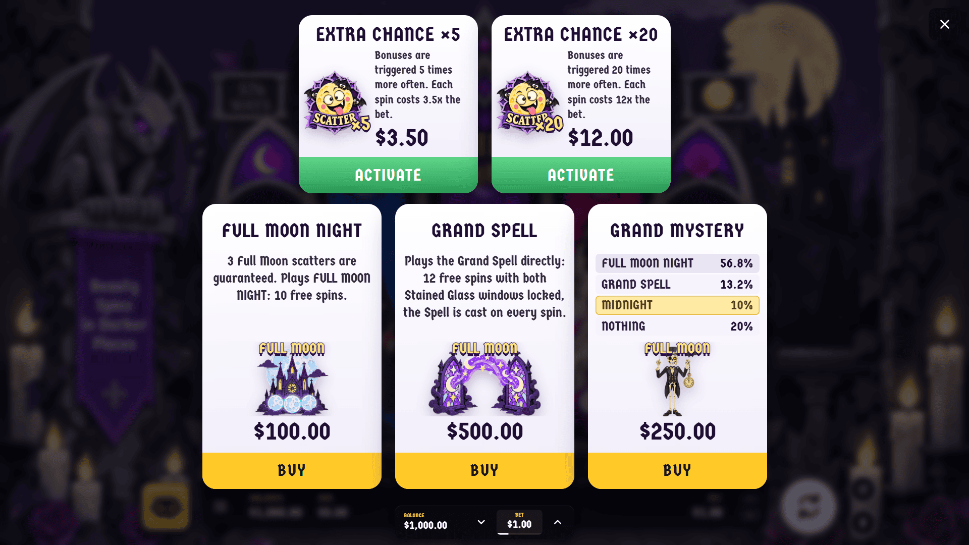 Lunatic Lodge bonus buy menu