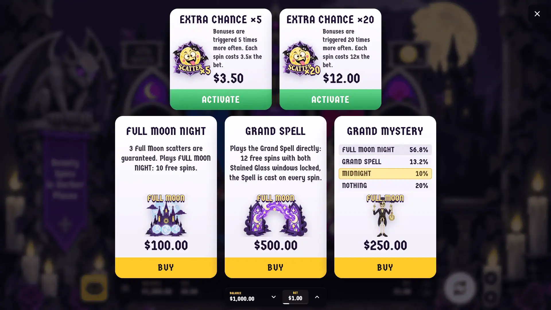 Lunatic Lodge bonus buy menu