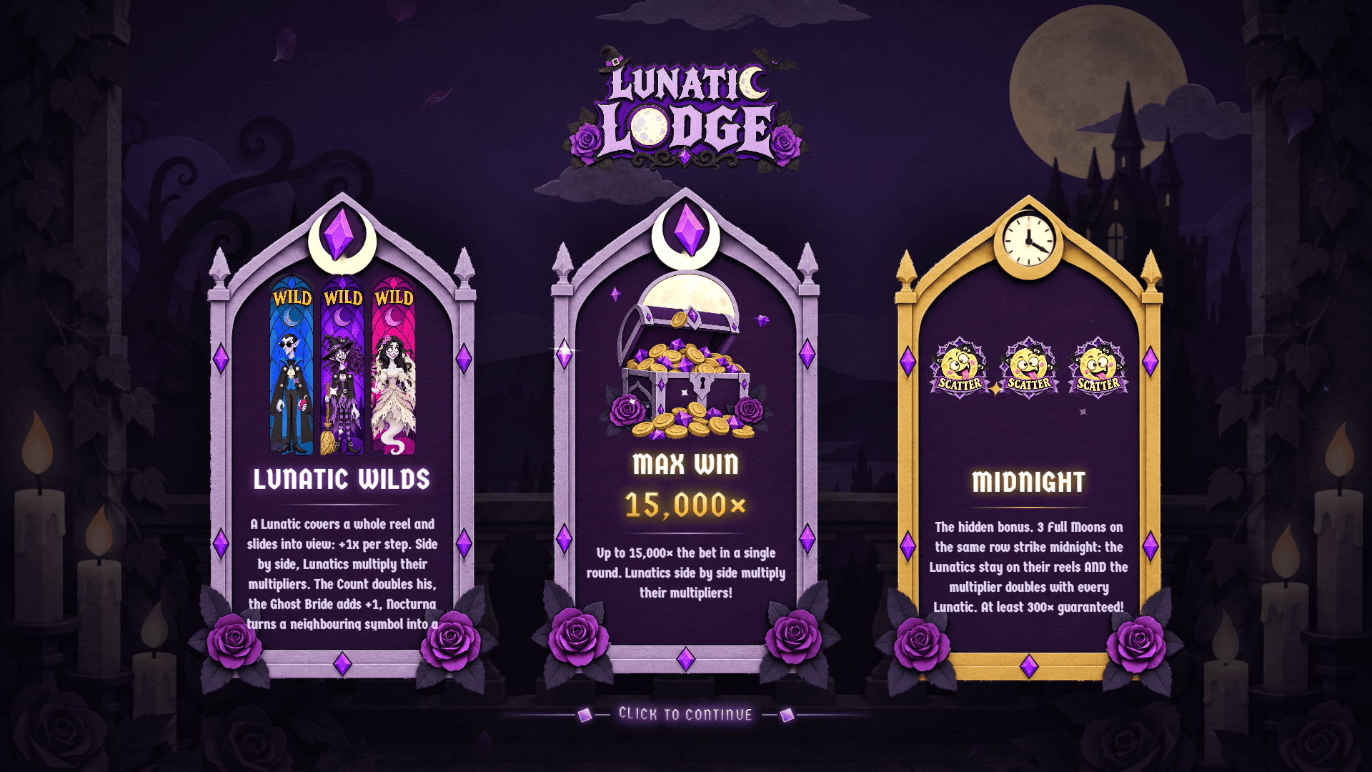 Lunatic Lodge slot intro screen