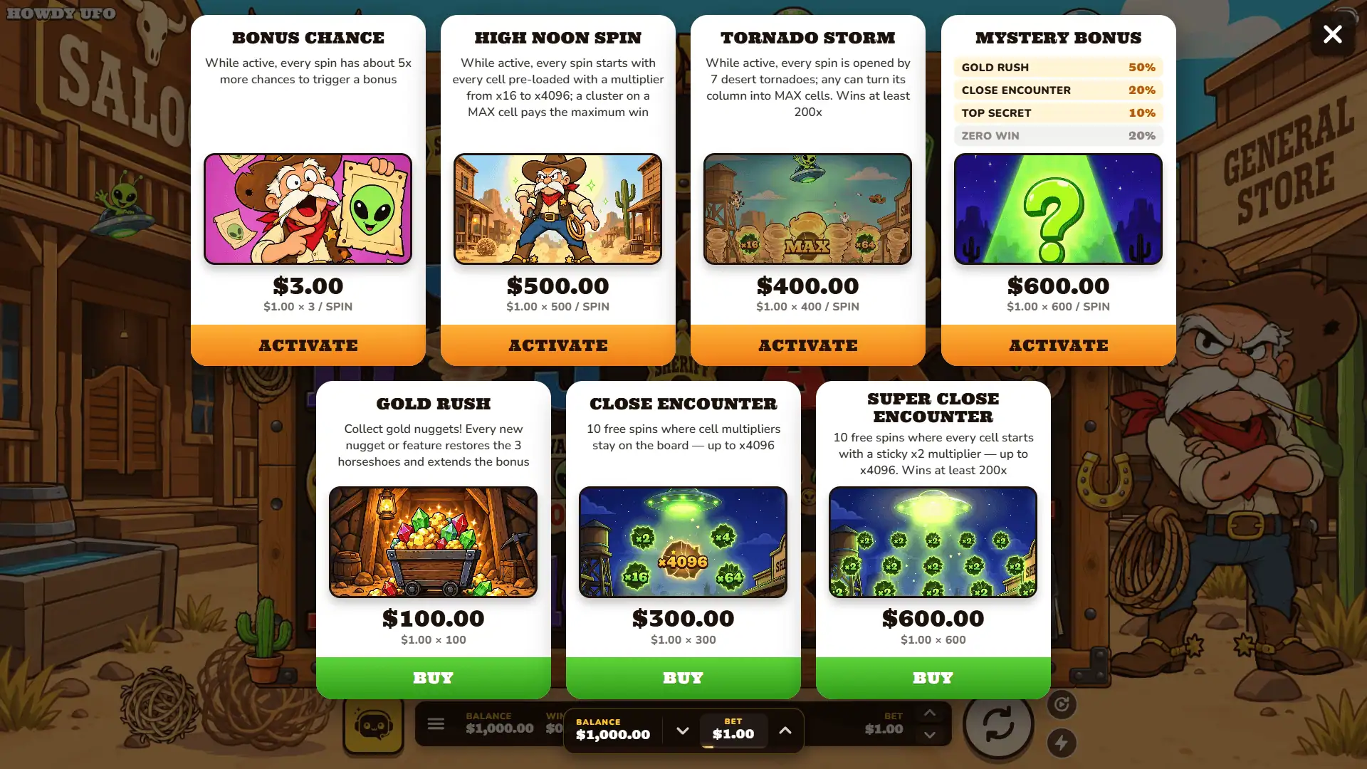 Howdy UFO Cluster Pays bonus buy menu