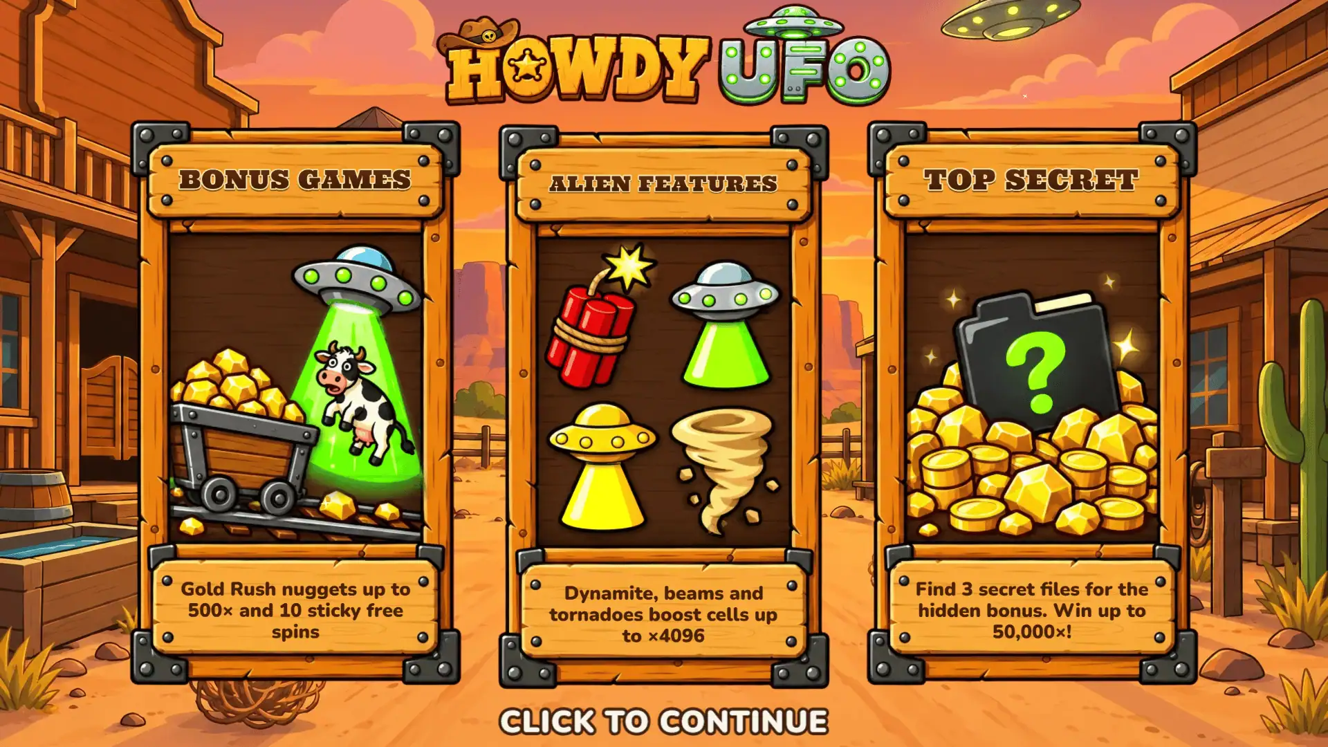 Howdy UFO Cluster Pays slot intro screen