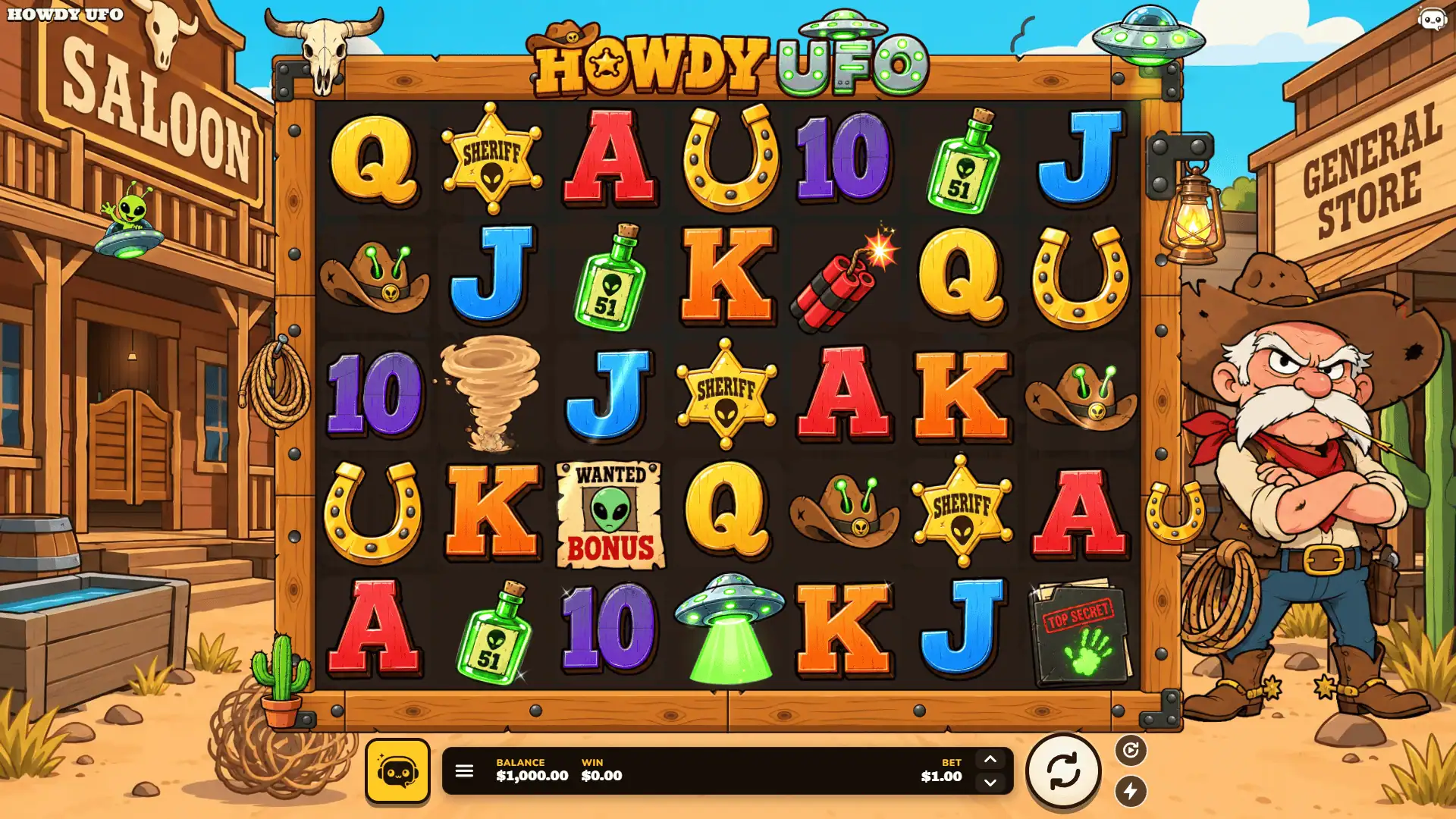 Howdy UFO Cluster Pays slot gameplay reels