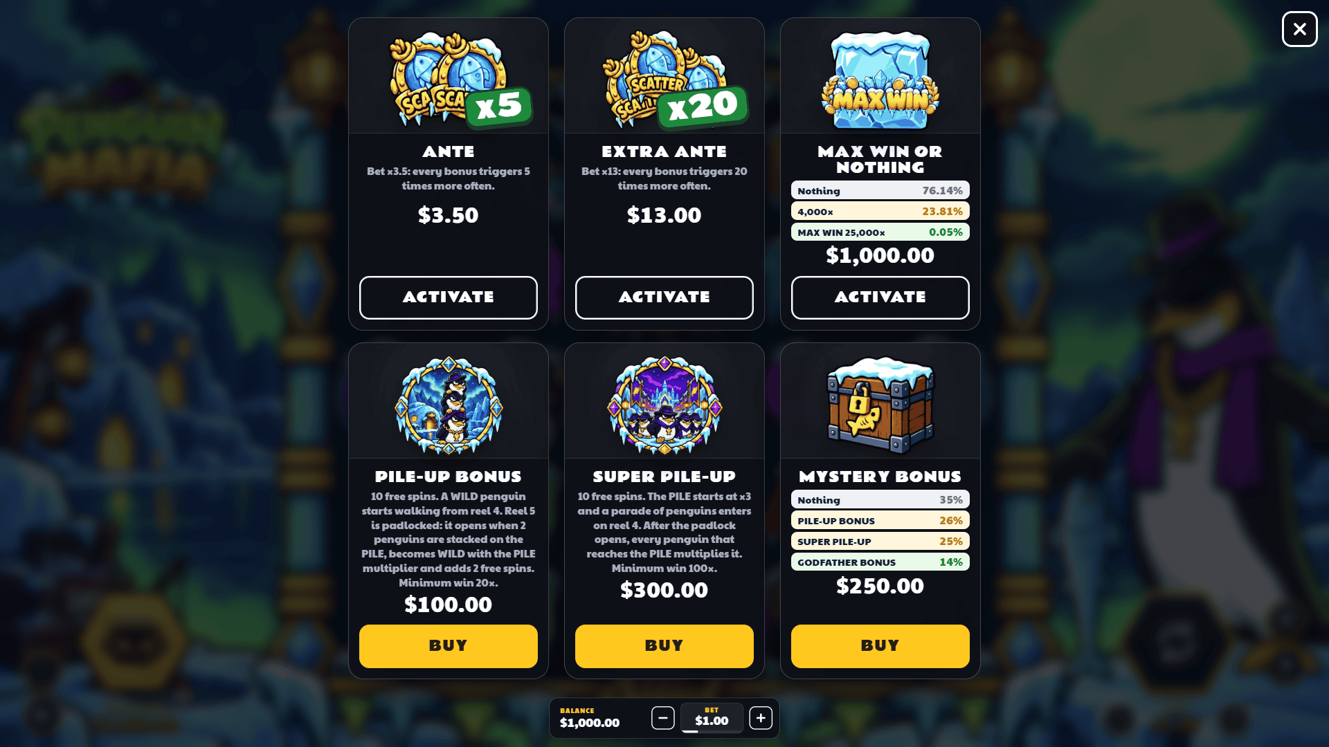Penguin Mafia bonus buy menu