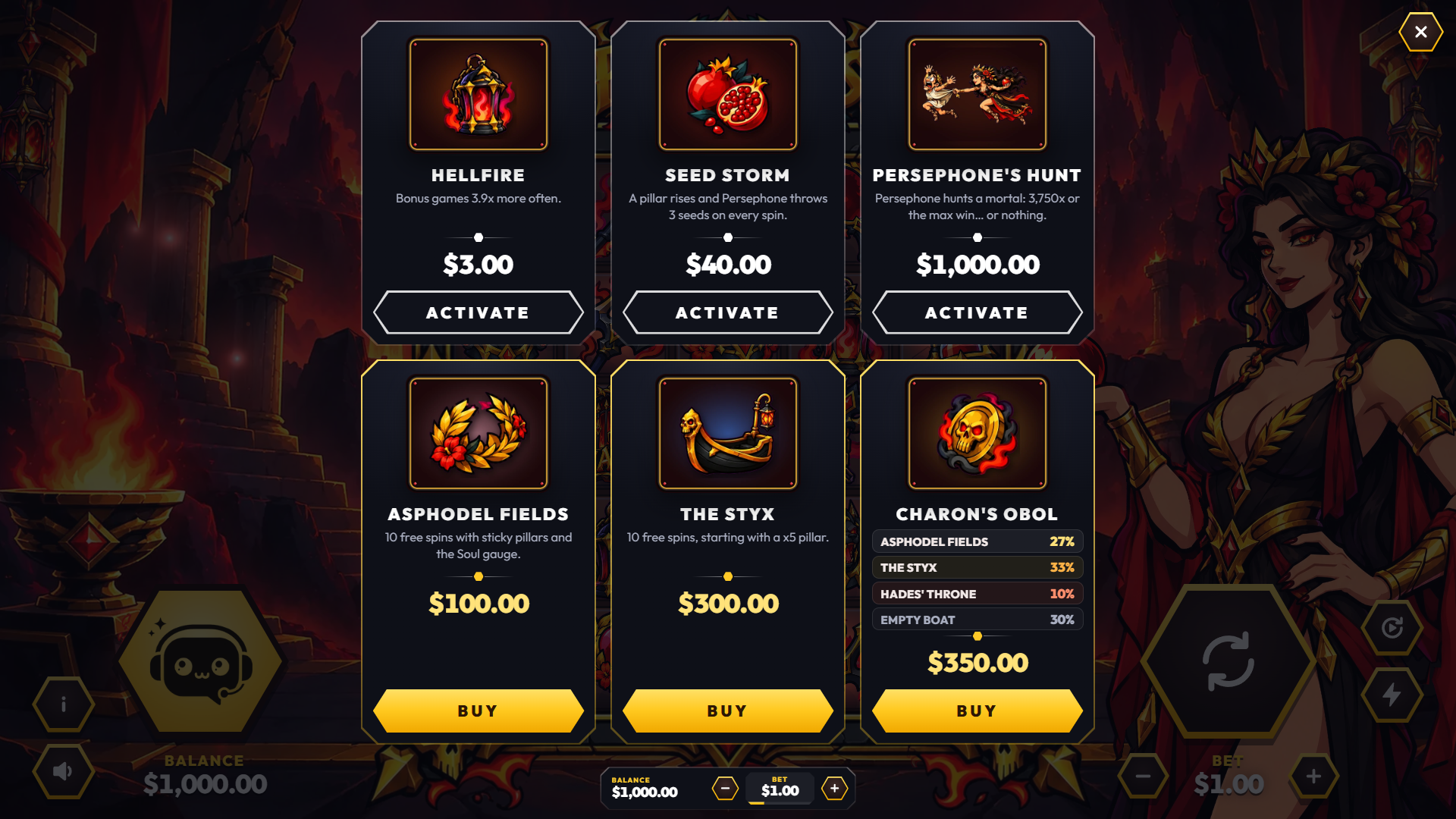 Persephone's Pact bonus buy menu