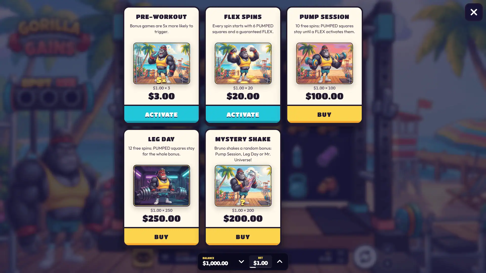 Gorilla Gains bonus buy menu