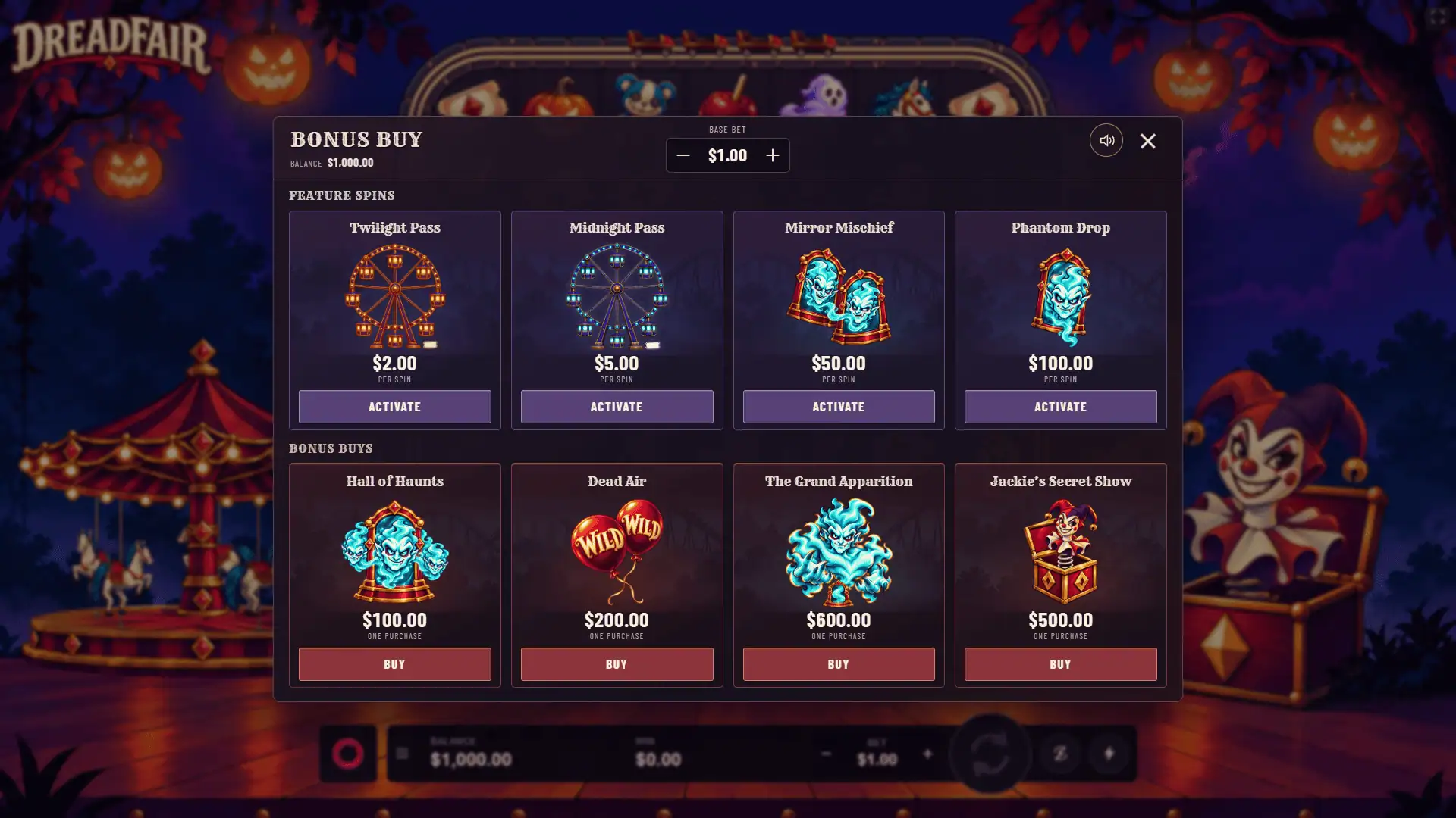 Dreadfair bonus buy menu