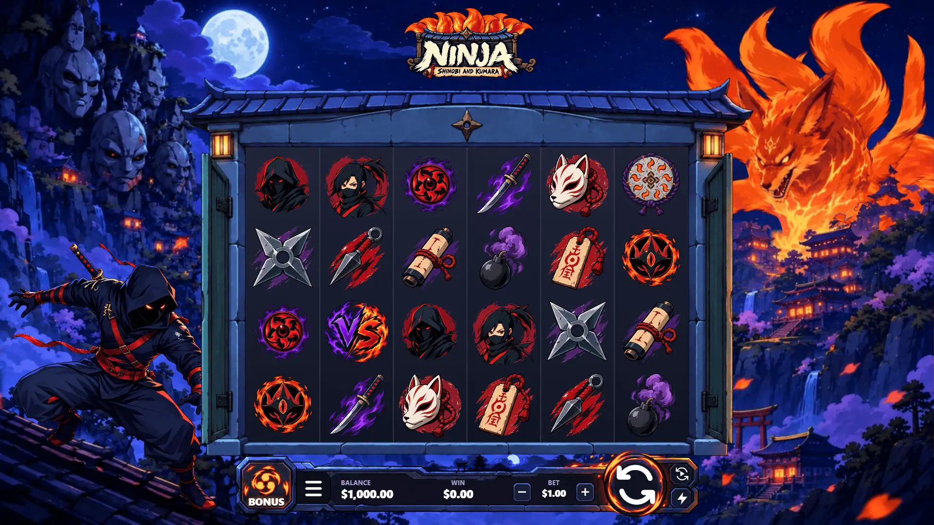 Ninja: Shinobi and Kumara slot gameplay reels