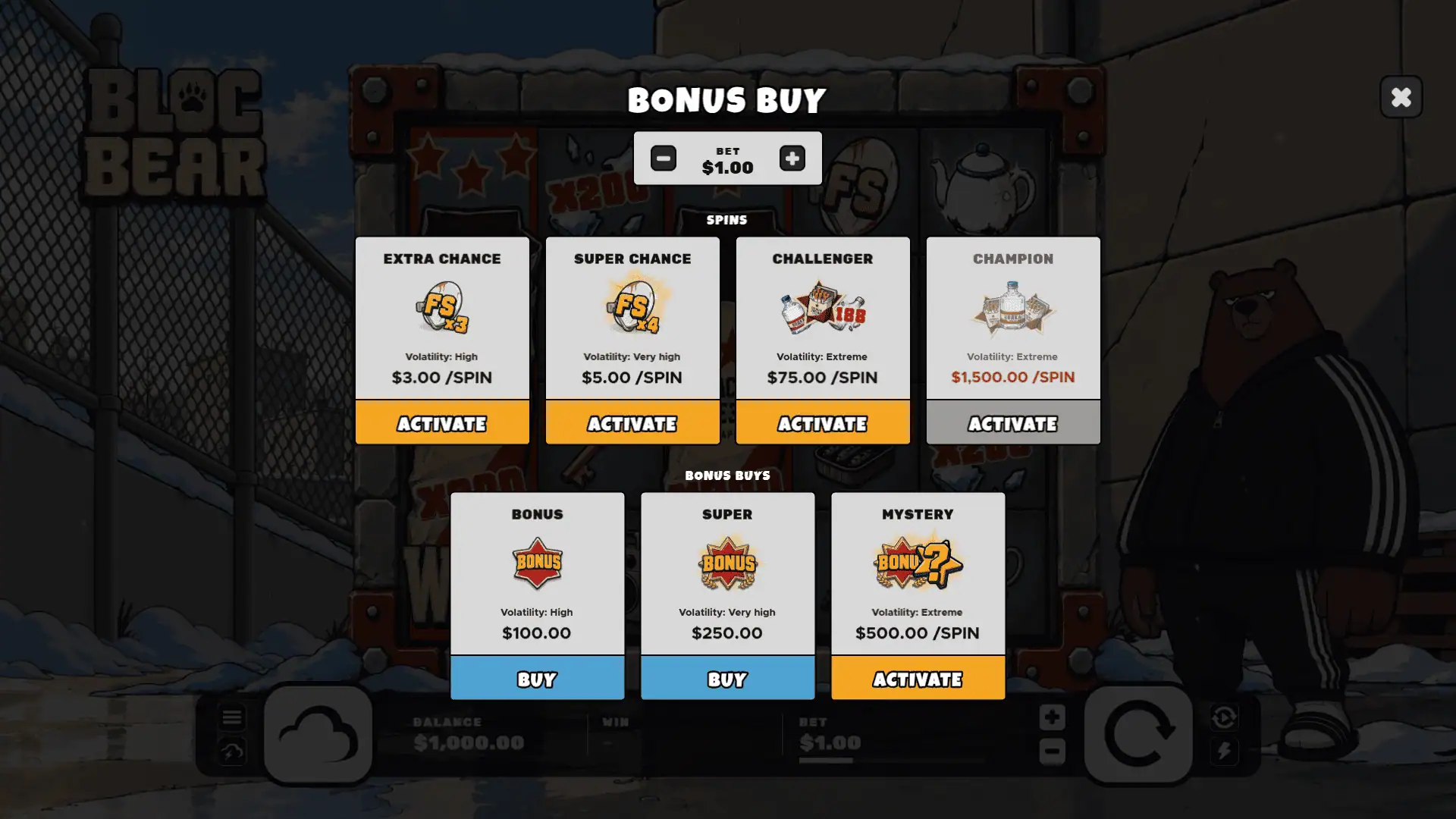 Bloc Bear bonus buy menu