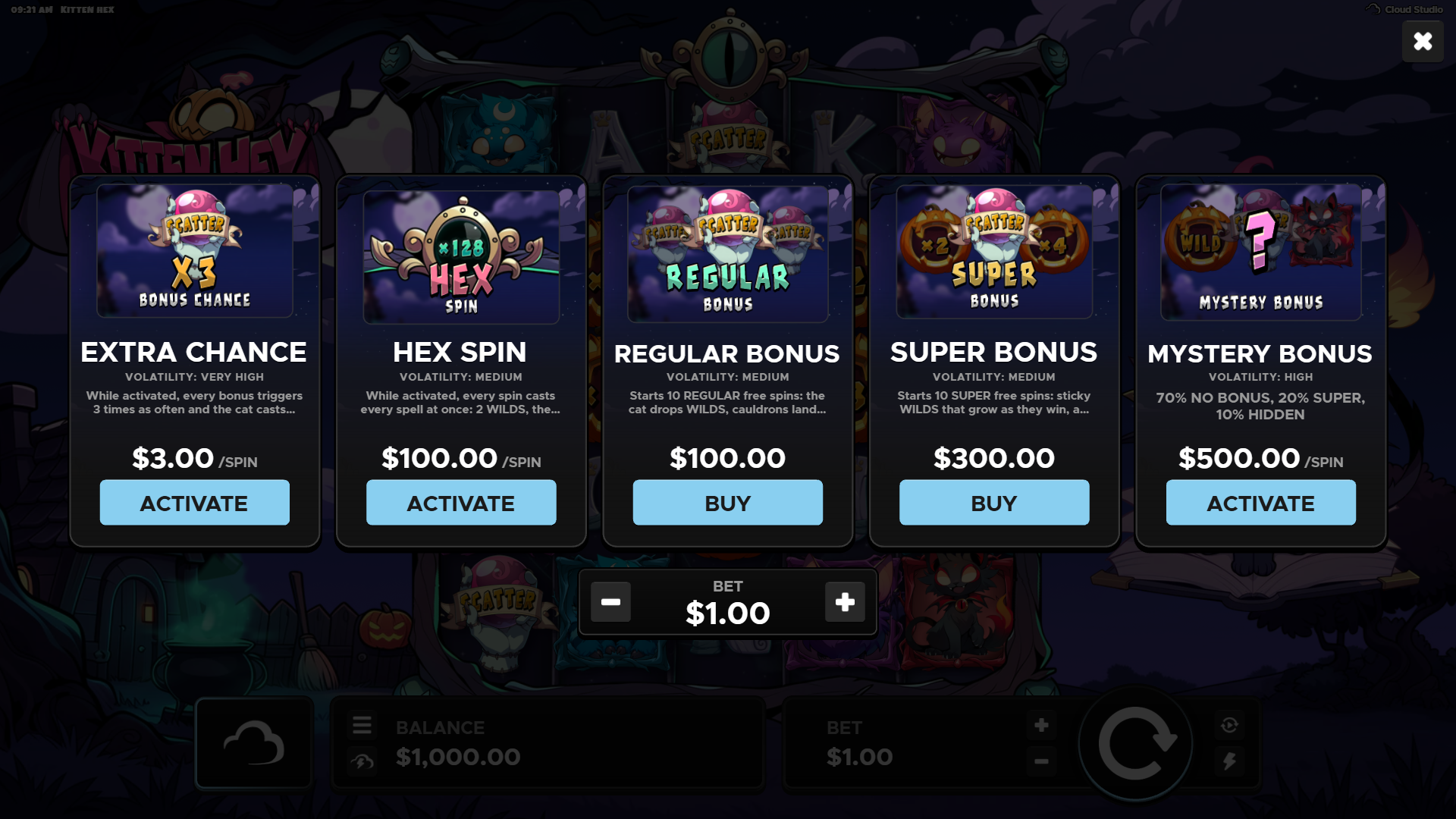 Kitten Hex bonus buy menu