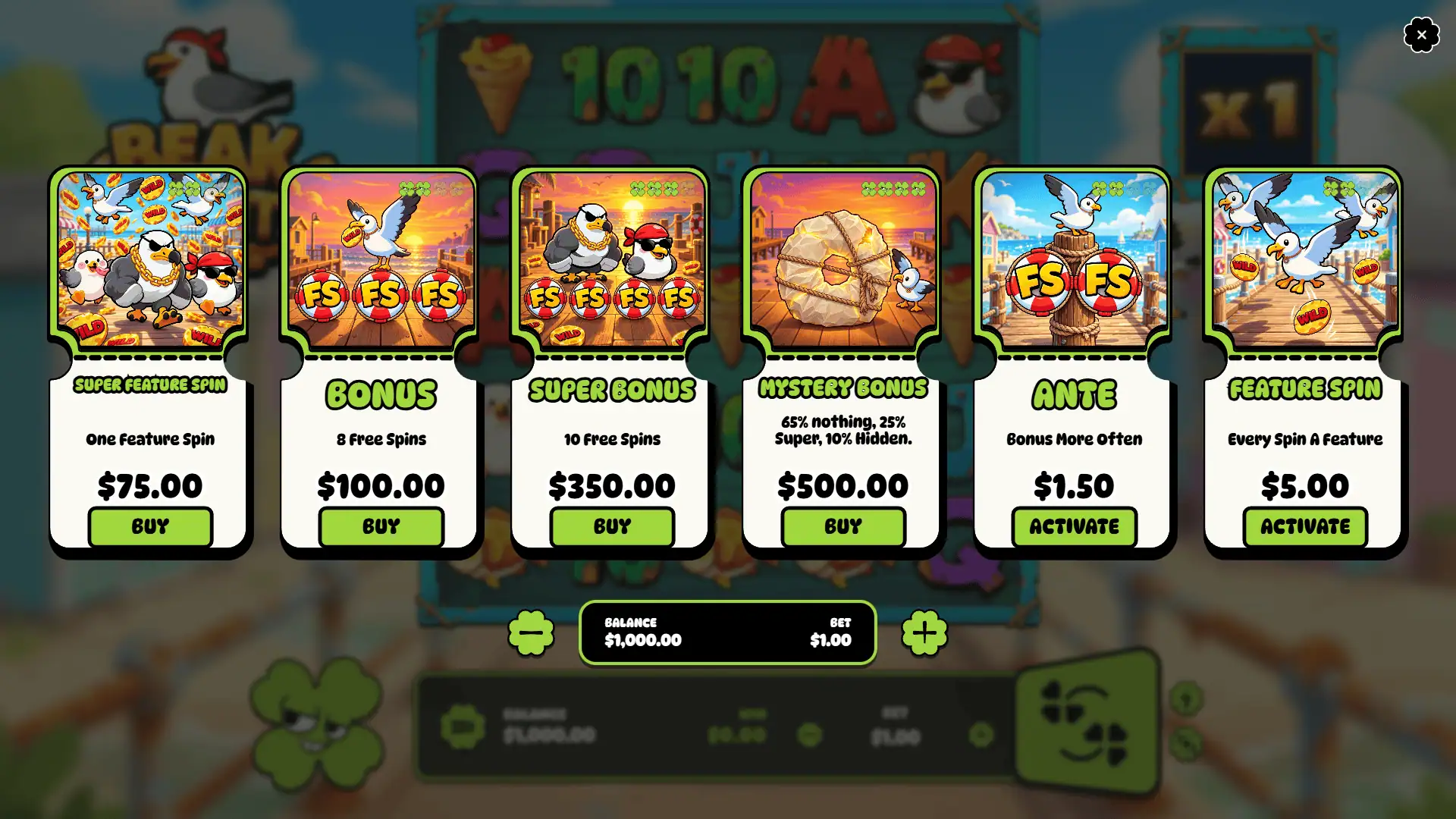 Beak Bandits bonus buy menu