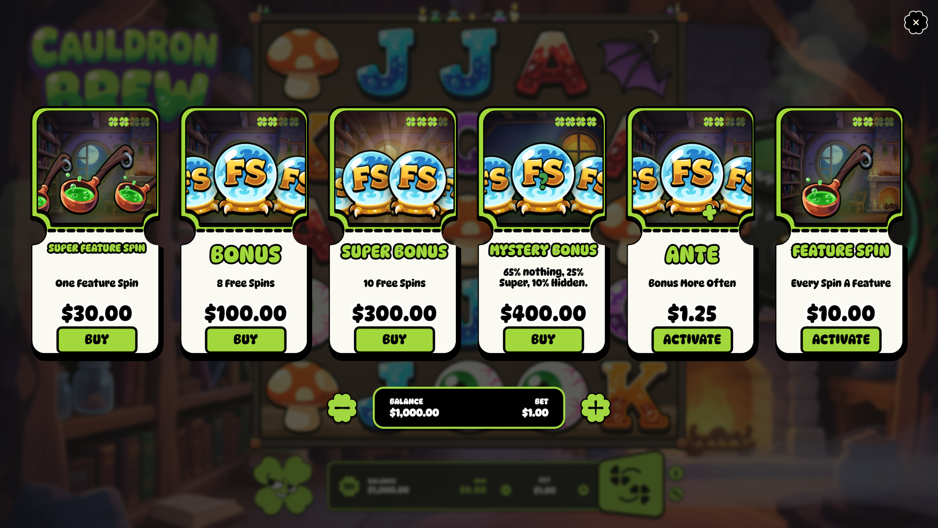 Cauldron Brew bonus buy menu