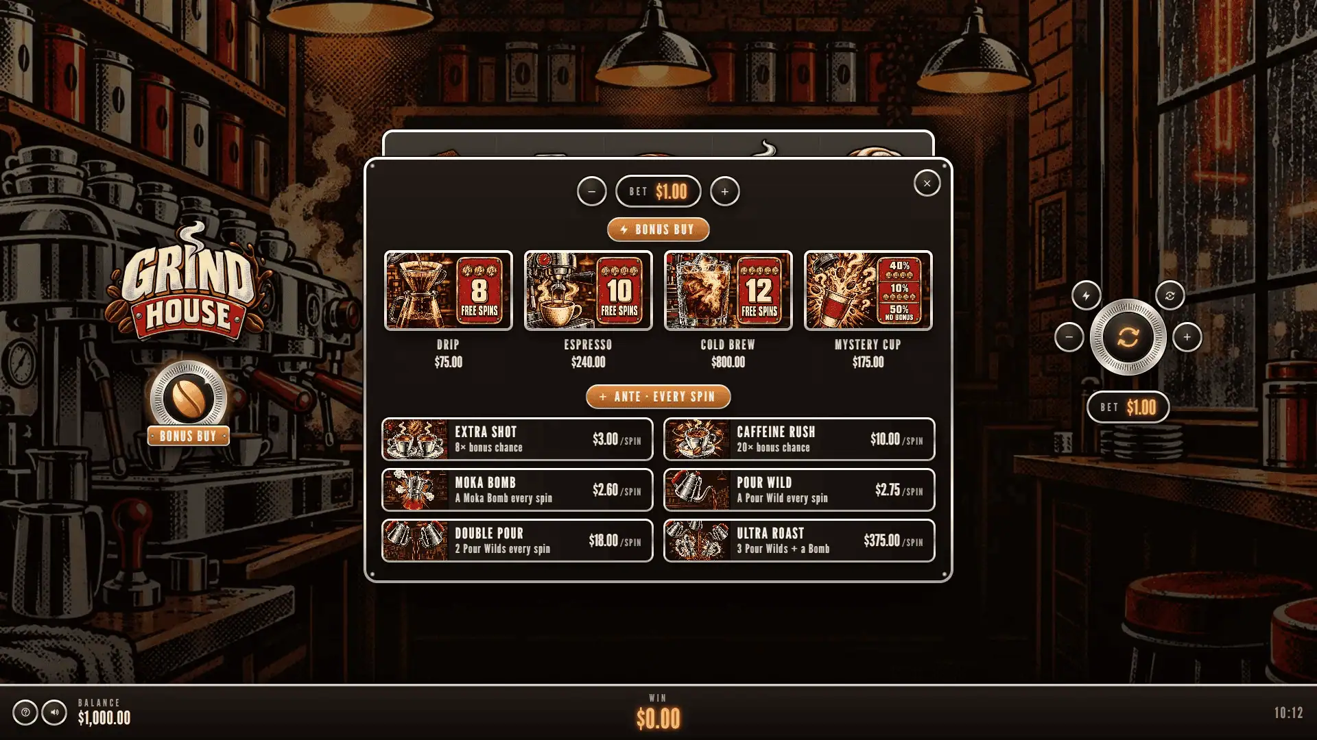 Grind House bonus buy menu